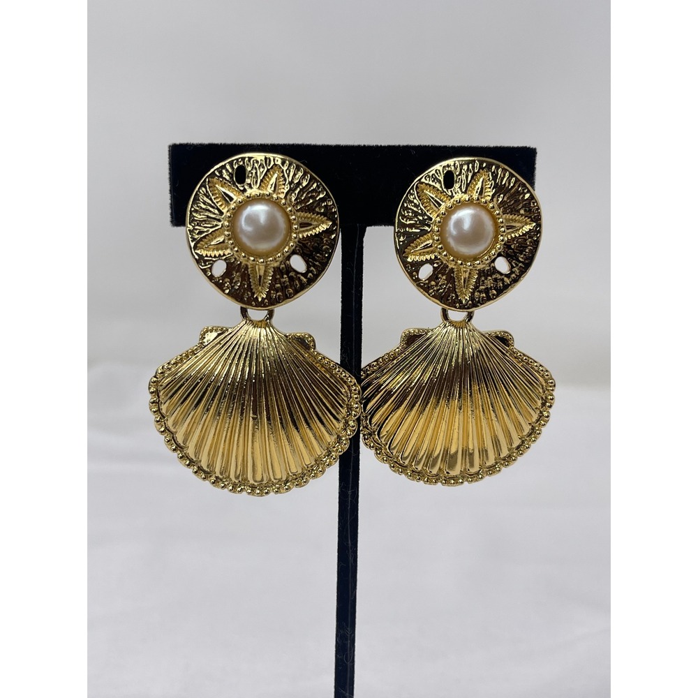 Vintage KJL for Avon Gold Tone Shell Faux Pearl Clip On Dangle Earrings Nautical